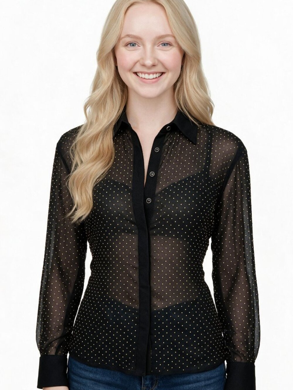 Bebe Semi Sheer Chiffon Black Blouse, Metal Gold Polka Dots, XXS Sparkle Buttons